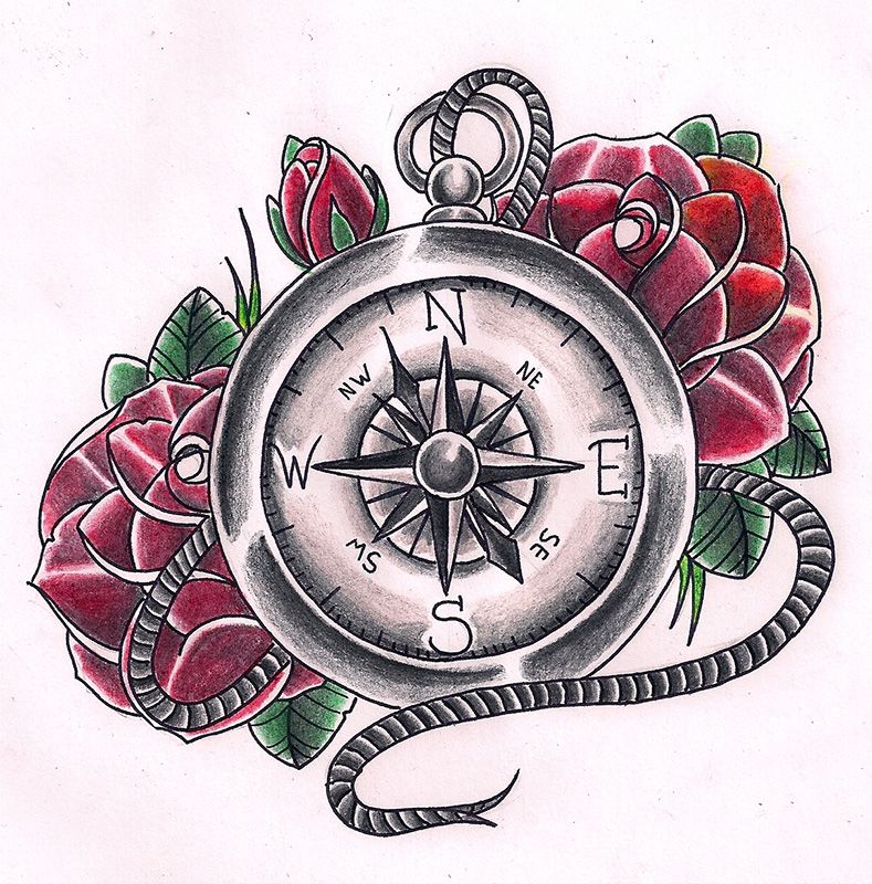 Эскиз татуировки Old & New school розы с компасом